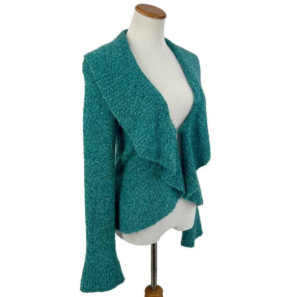 VTG Victoria’s Secret Teal V-Neck Ruffled Knit Cardigan S| Cottagecore Fairy Y2K - Picture 11 of 14